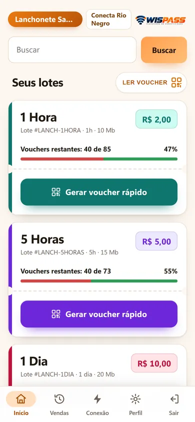 Aplicativo do revendedor: planos de 1 hora, 5 horas e 1 dia com o botão Gerar voucher rápido e quantos códigos ainda restam