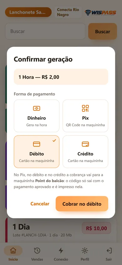 Aplicativo do revendedor confirmando a venda de 1 hora por R$ 2,00, com as formas de pagamento Dinheiro, e Pix, Débito e Crédito na maquininha, e o débito escolhido