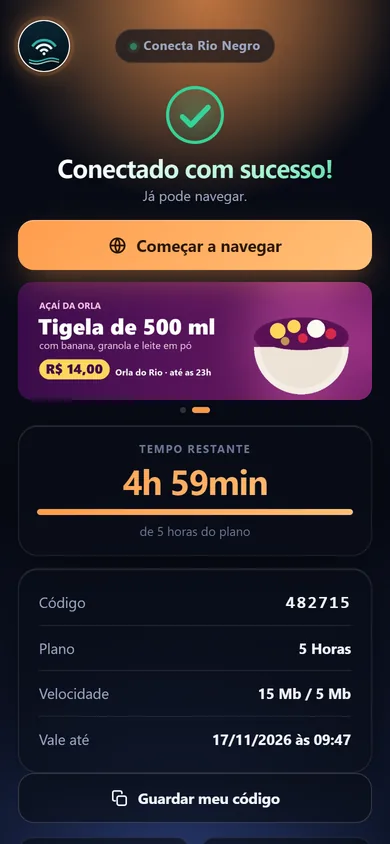 Tela de conectado com sucesso: botão Começar a navegar, anúncio, tempo restante de 4h 59min, código e validade