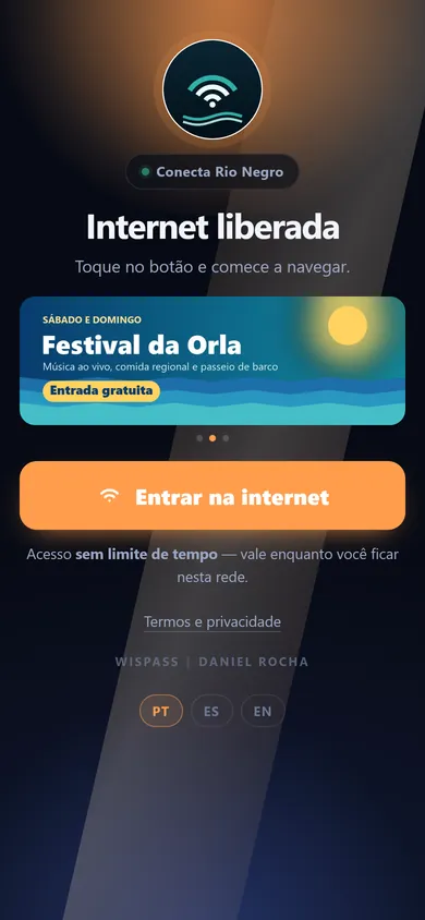 Página de Wi-Fi grátis com um anúncio do Festival da Orla e o botão Entrar na internet, sem limite de tempo