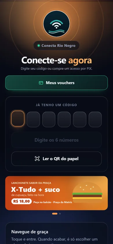 Tela que abre sozinha ao conectar no Wi-Fi: campo para o código, anúncio de um comércio local e teste grátis